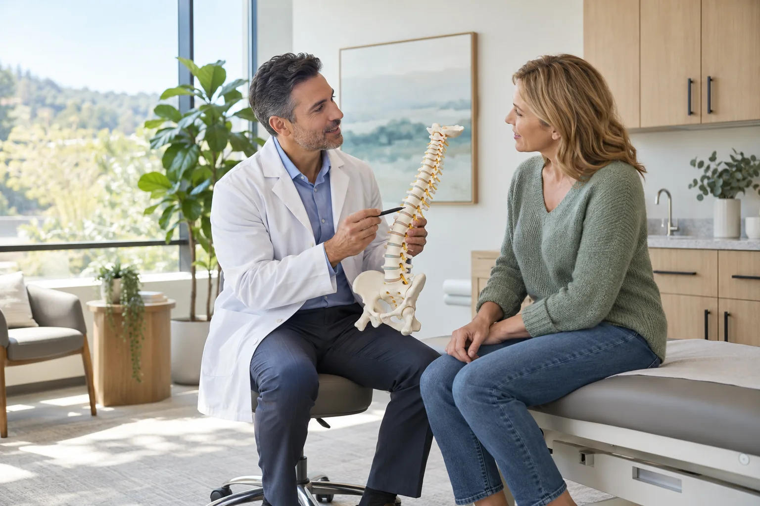 Clinician discussing a spine model with a patient in a consultation room